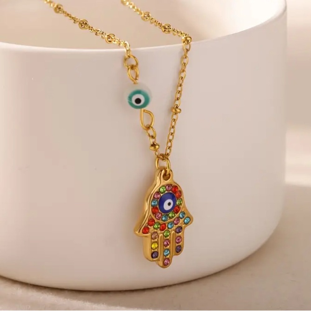 Gold Stainless Steel Hamsa Hand Necklace with Multicolor Stones